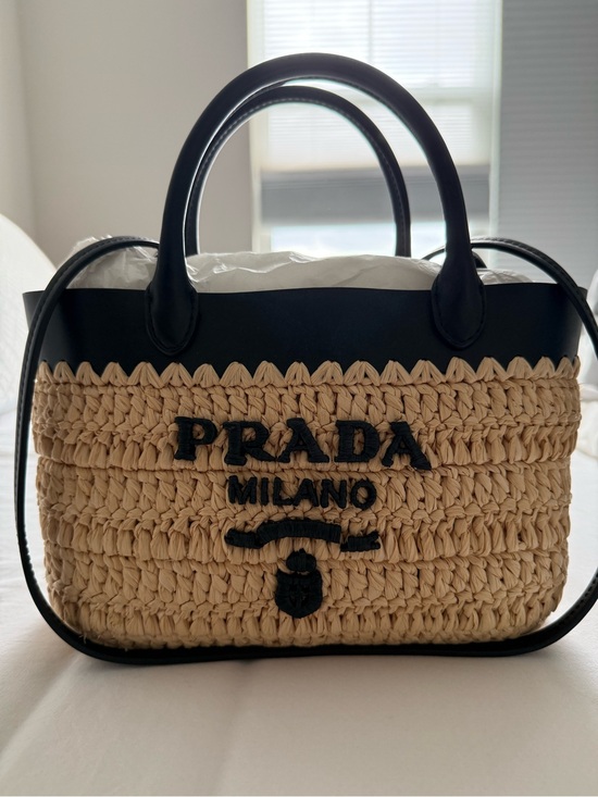 Prada Handbags - Prada Raffia Straw Tote with Black Leather Trim and Logo